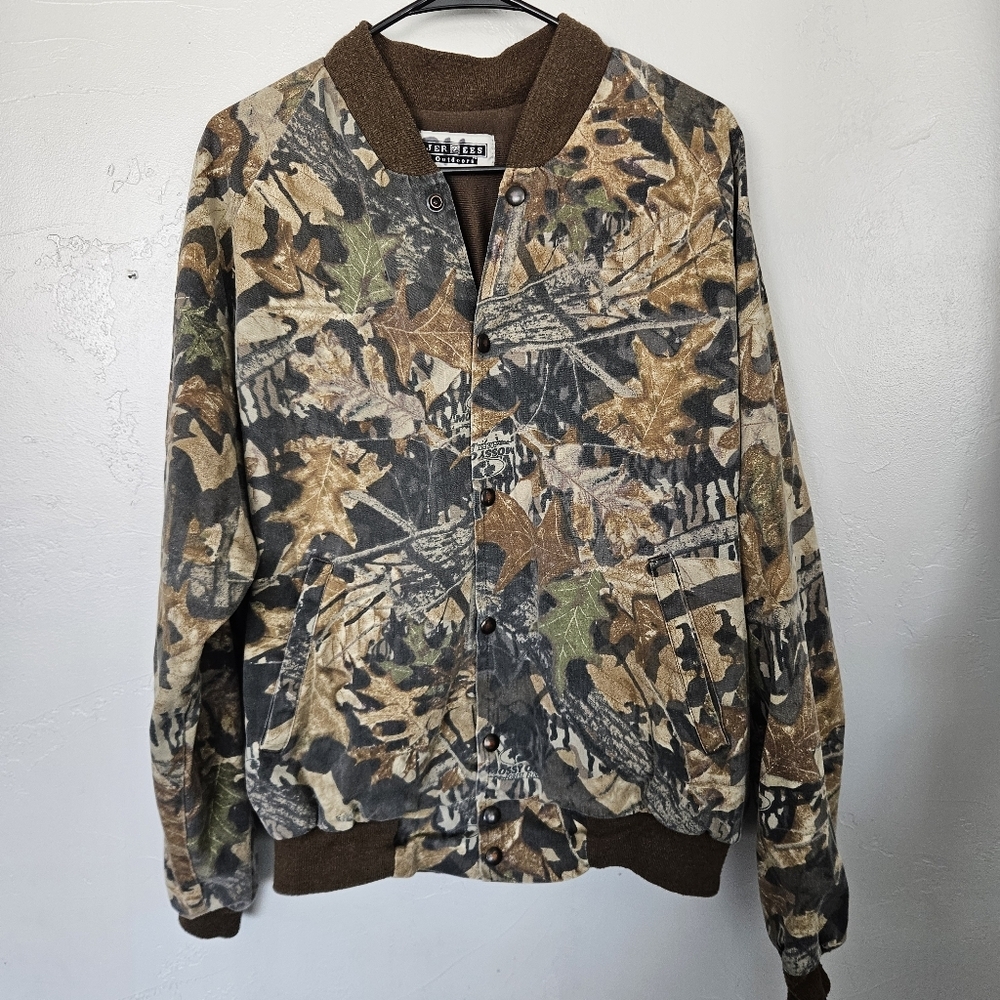 Jerzees Camo Bomber Jacket Brown Green Tan Snap Button Men's XL Outdoor Hunting